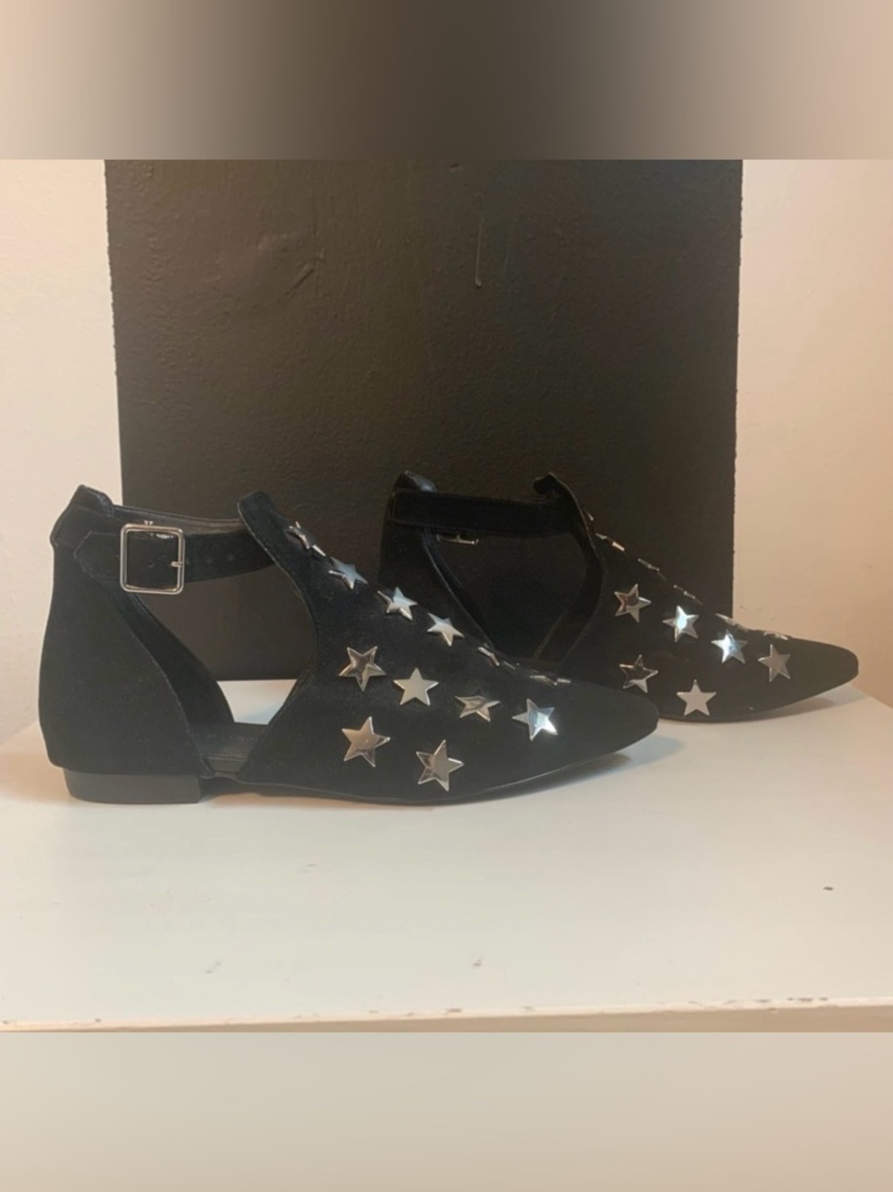 EB by Miista Romeo Black Suede Ankle Shoes Flats Silver Stars Ankle Strap